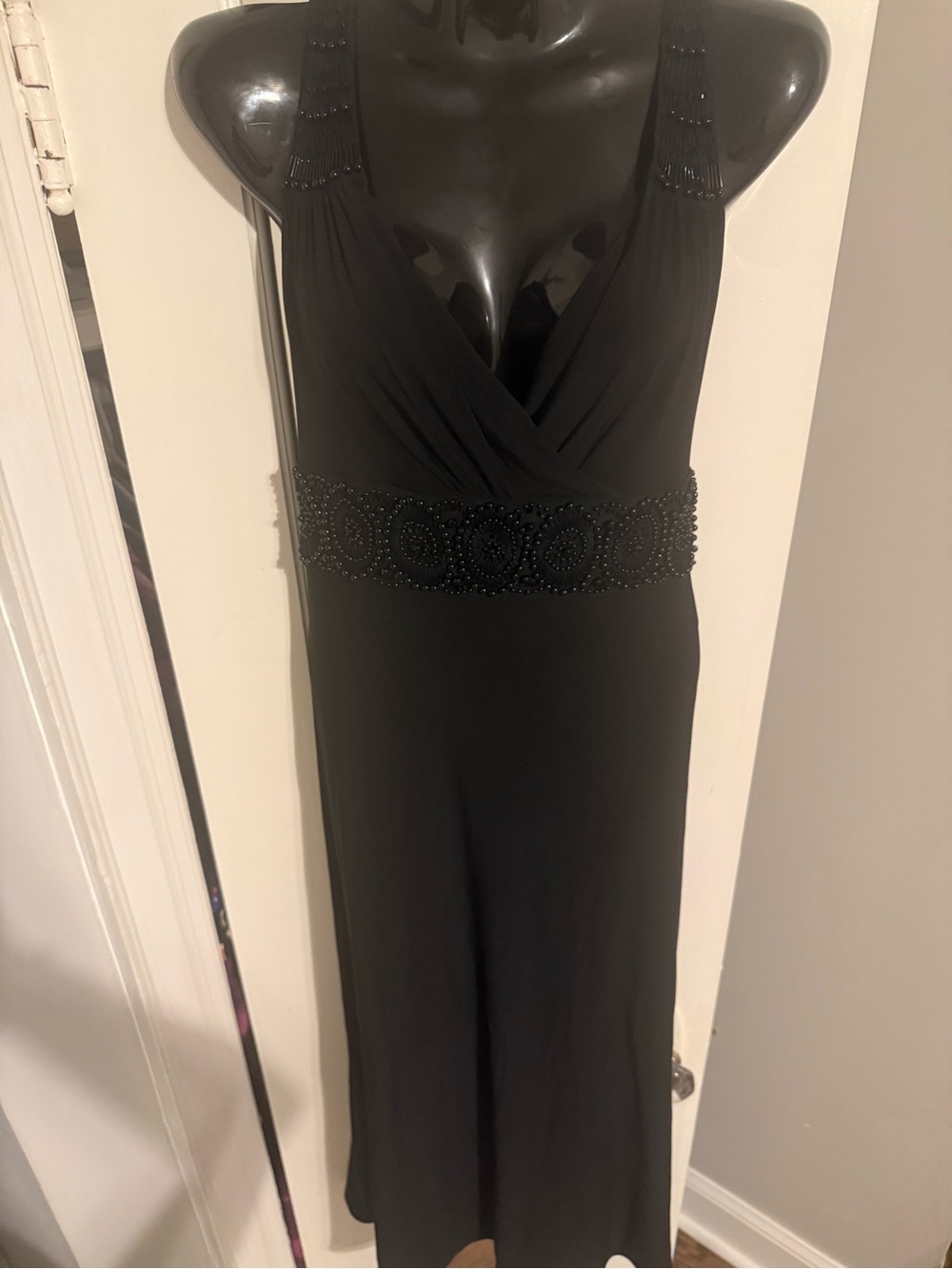 NWT Adrianna Papell Black Beaded Empire Waist V-Neck Maxi Gown 12